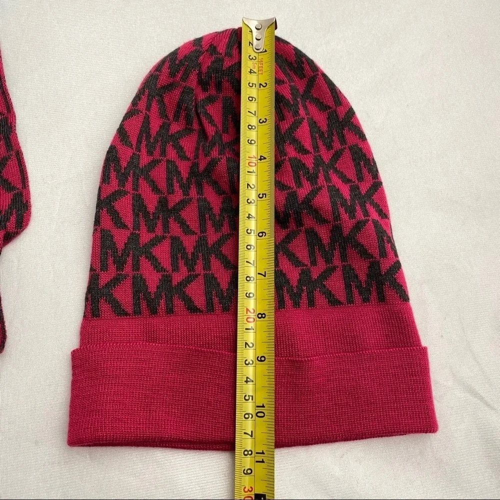 MICHAEL Michael Kors magenta black logo acrylic knit beanie hat and scarf set